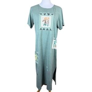 Vintage Cover Charge Green Kokopelli Southwestern‎ Maxi Dress Short Sleeve USA L